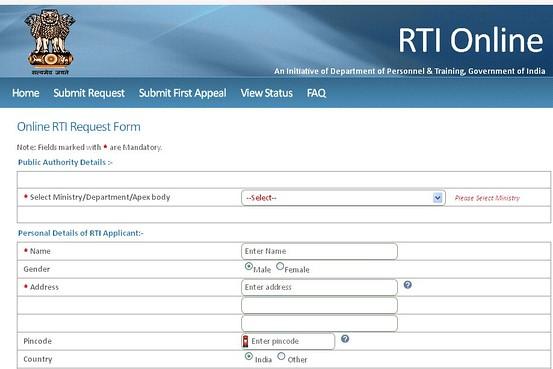 Sample RTI Application Form on Government Website